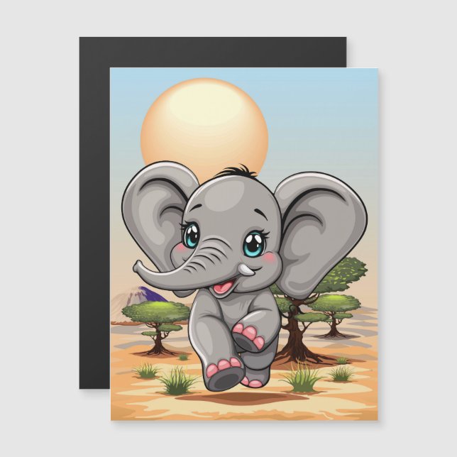 Carte Magnétique Un bébé éléphant qui sonne heureux dans la savane  (Devant / Derrière)