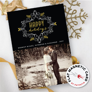 Carte Magnétique Vintage Gold Deco Festive Foliage Joyeux vacances