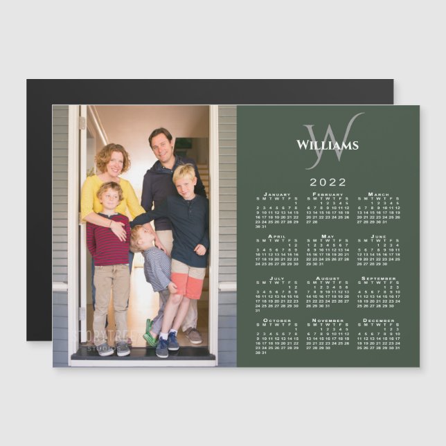 Carte Magnétique Votre photo 2022 Calendrier Nom Monogramme sur Ver (Devant / Derrière)