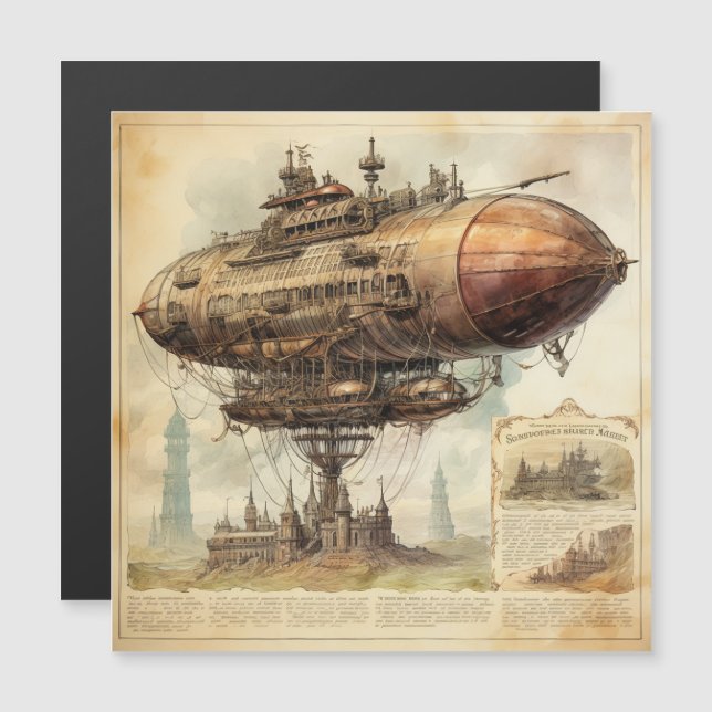 Carte Magnétique Zeppelin Steampunk vintage (10) (Devant / Derrière)