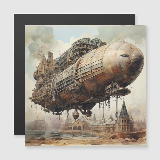 Carte Magnétique Zeppelin Steampunk vintage (2) (Devant / Derrière)