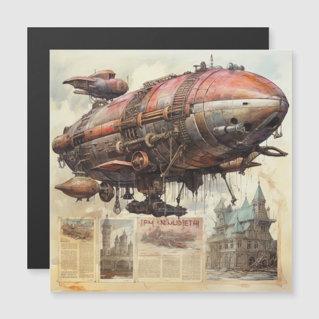 Carte Magnétique Zeppelin Steampunk vintage (9) (Devant / Derrière)