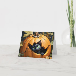 Carte Magnifique chat noir dans une citrouille
