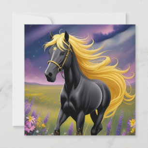 Carte Magnifique cheval noir à la crinière dorée ondoyan