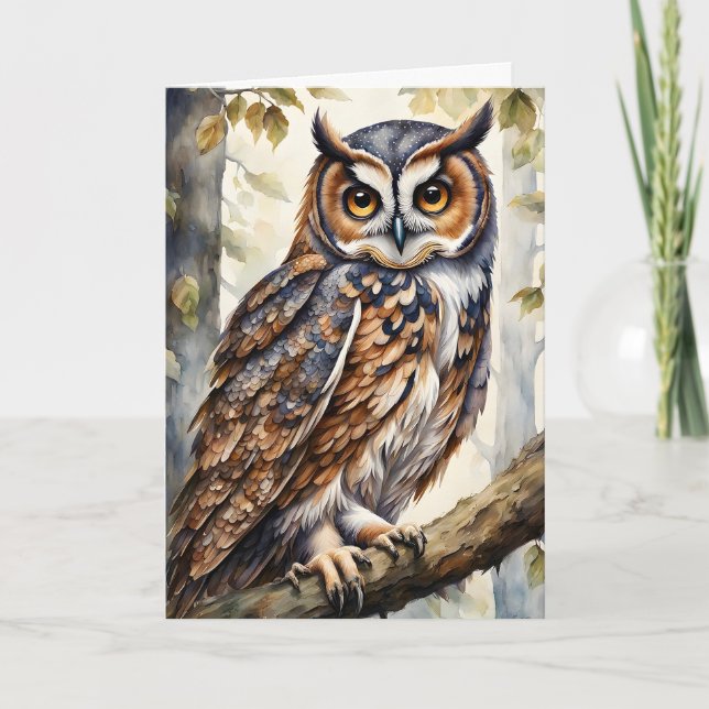 Carte Magnifique hibou en bois sur des feuilles de branc (Devant)