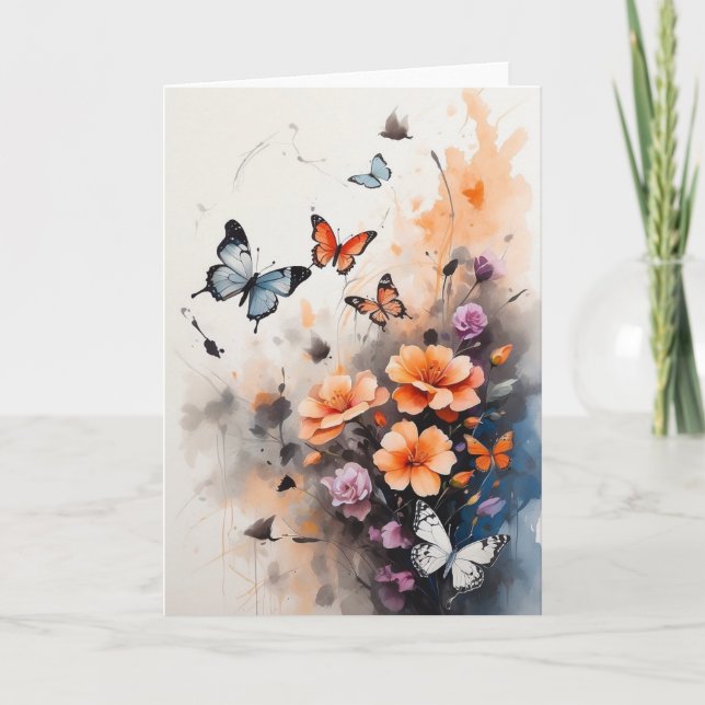 Carte Magnifique Papillons Bleu Orange Floraux Blank (Devant)
