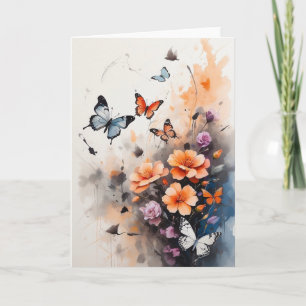 Carte Magnifique Papillons Bleu Orange Floraux Blank