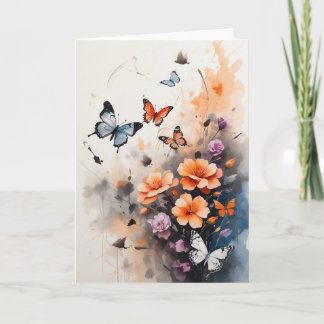 Carte Magnifique Papillons Bleu Orange Floraux Blank