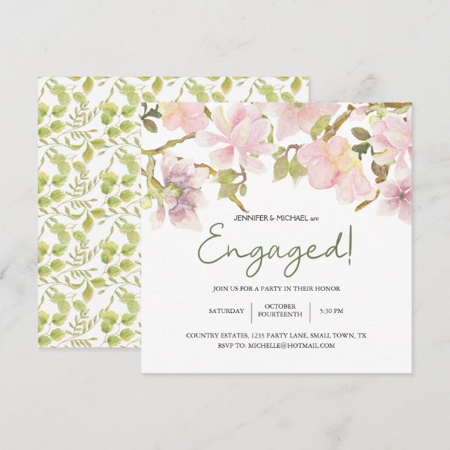 Carte Magnolia rose Blush Floral Élégant Fiançailles (Devant / Derrière)