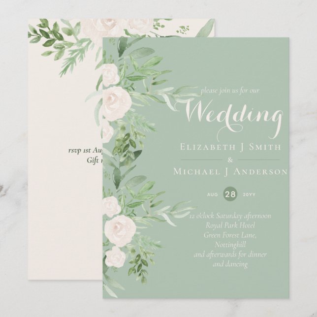 Carte Magnolia Sage Green Mariage Floral Invite (Devant / Derrière)