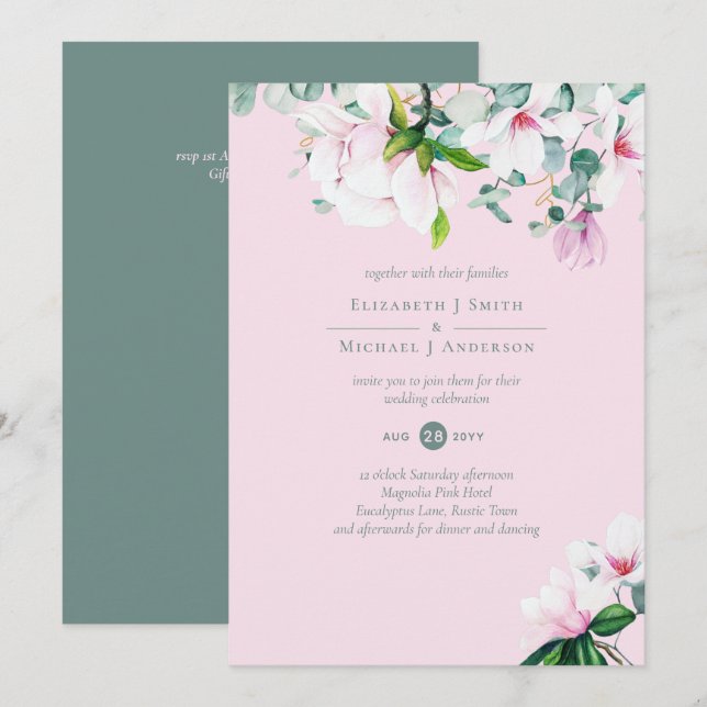 Carte Magnolias rose pâle Sage Eucalyptus Mariage (Devant / Derrière)