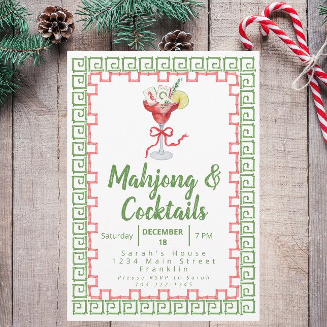 Carte Mahjong & Cocktails Christmas Party Aquarelle (Créateur téléchargé)