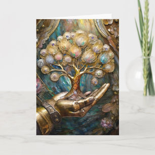 Carte Main Robot D'Or Tenant Arbre De Vie D'Or