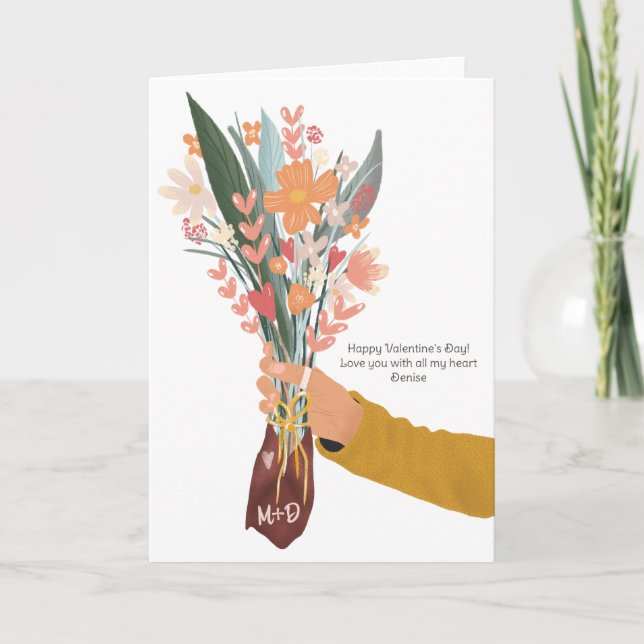 Carte Main tenant un bouquet floral de la Saint-Valentin (Devant)