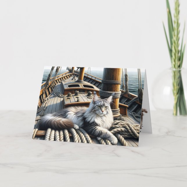 Carte Maine Coon Chat sur un bateau Anniversaire (Devant)