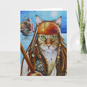 Carte Maine Coon Pirate Chat Jack et bateau Aquarelle Ar