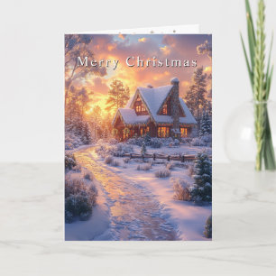 Carte Maison de campagne pour Noël au coucher du soleil