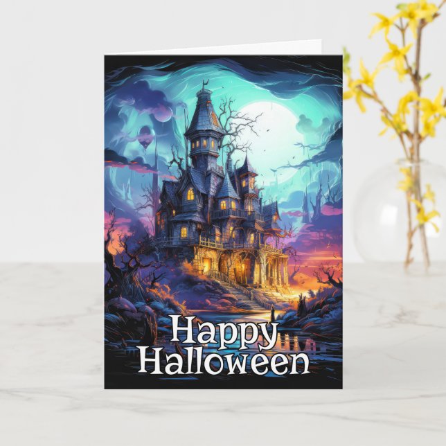 Carte Maison Éffrayante hantée | Bonne Halloween (Fleur jaune)
