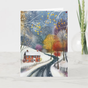 Carte Maison en brique rouge à neige Bonjour salutation