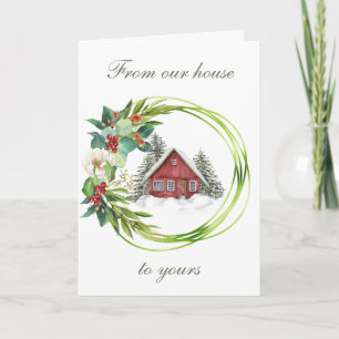 Carte Maison rouge avec Magnolia et Berry Wreath Holiday