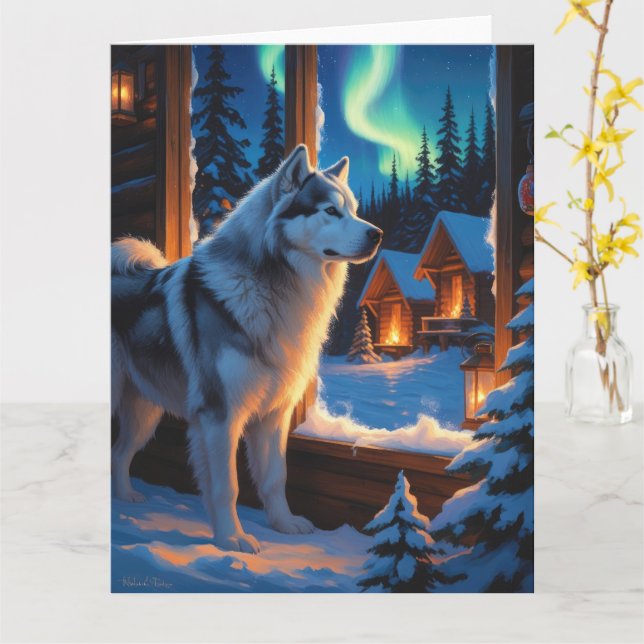 Carte Malamute d'Alaska avec lumières de Noël (Fleur jaune)