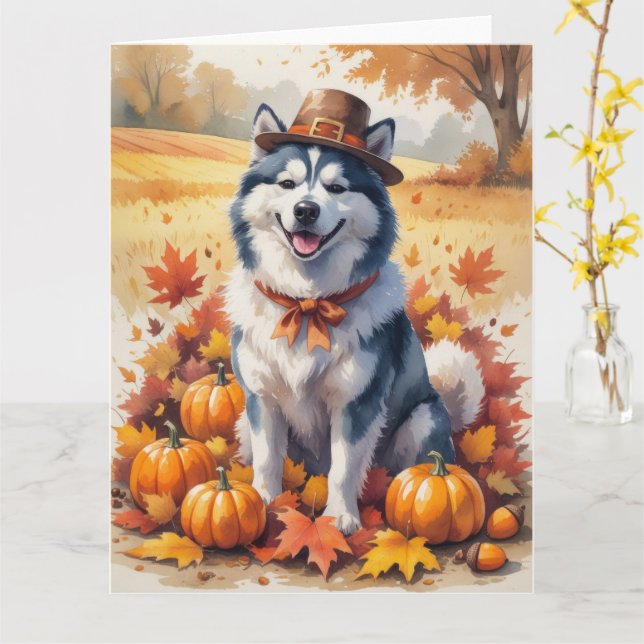 Carte Malamute d'Alaska en automne quitte Thanksgiving A (Fleur jaune)