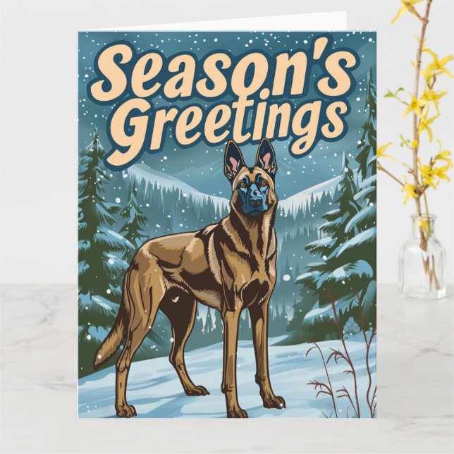 Carte Malinois belge à Noël de neige (Fleur jaune)