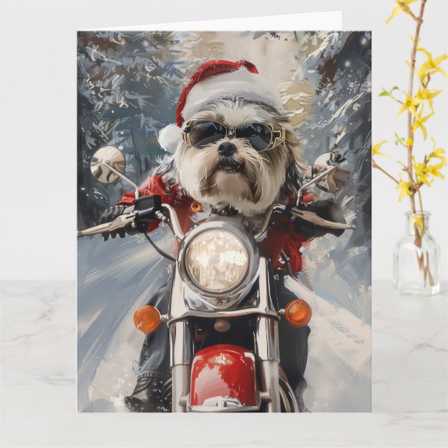 Carte Malti Tzu Chien équitation Moto Noël (Fleur jaune)