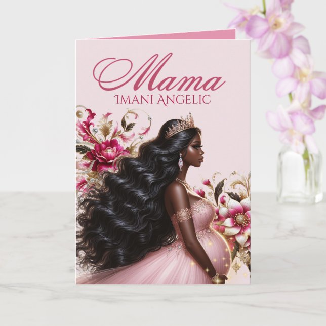 Carte Maman afro-américaine attend bébé Rose & Or (Orchidée)