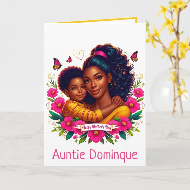Carte Maman afro-américaine et fils Joyeuse fête des mèr (Fleur jaune)