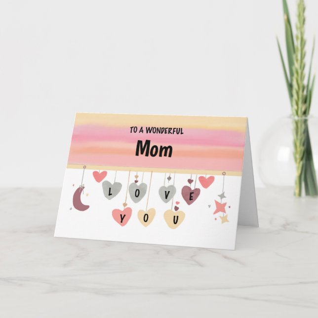 Carte Maman Anniversaire Coeurs Lune Étoiles (Devant)