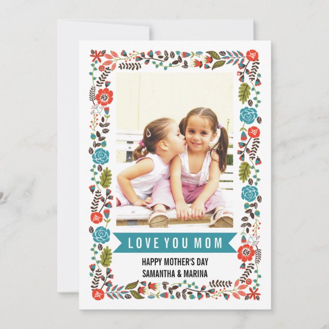 Carte Maman, Bonne Fête des mères photo florale turquois (Devant)