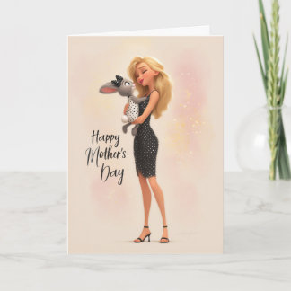 Carte Maman élégante tenant un lapin mignon Joyeuse fête