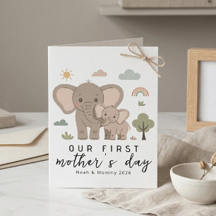 Carte Maman éléphant mignon bébé premier jour de la fête