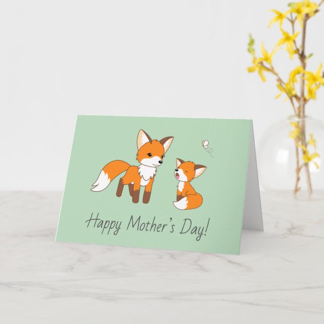 Carte Maman et Kit Fox Fête des Mères Blanc vert (Fleur jaune)