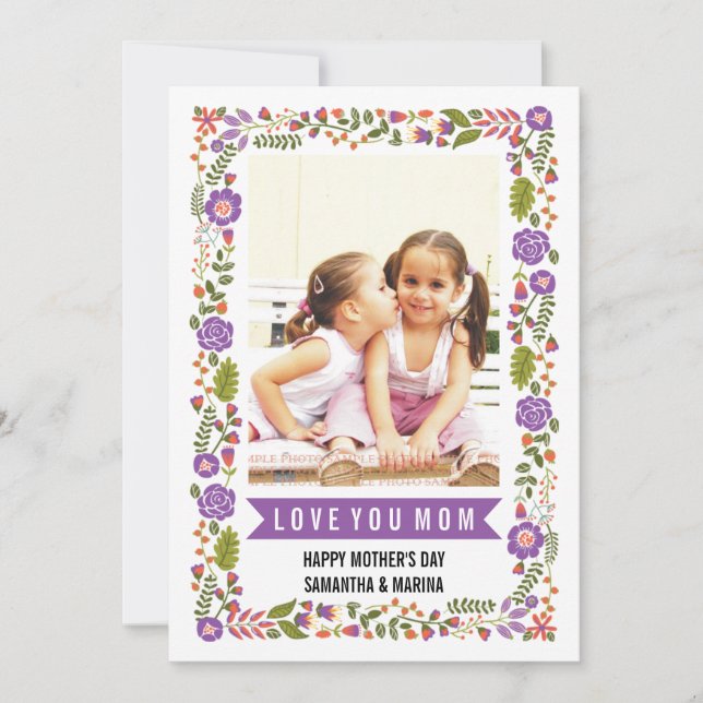 Carte Maman, Joyeuse Fête des mères violet, orange photo (Devant)