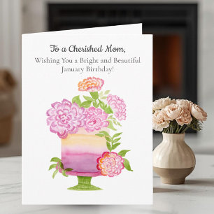 Carte Maman oeillets violets sur gâteau d'anniversaire d