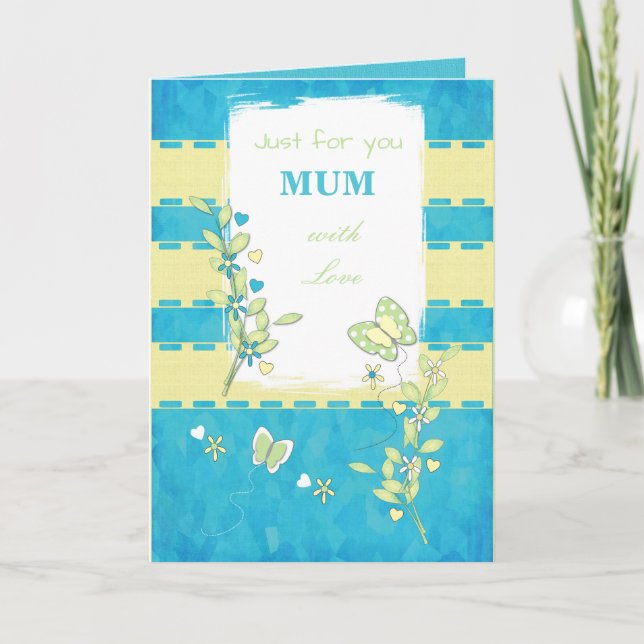 Carte Maman verte et bleue avec papillons saluant (Devant)
