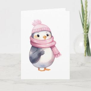 Carte Manchot à l'aquarelle avec écharpe rose