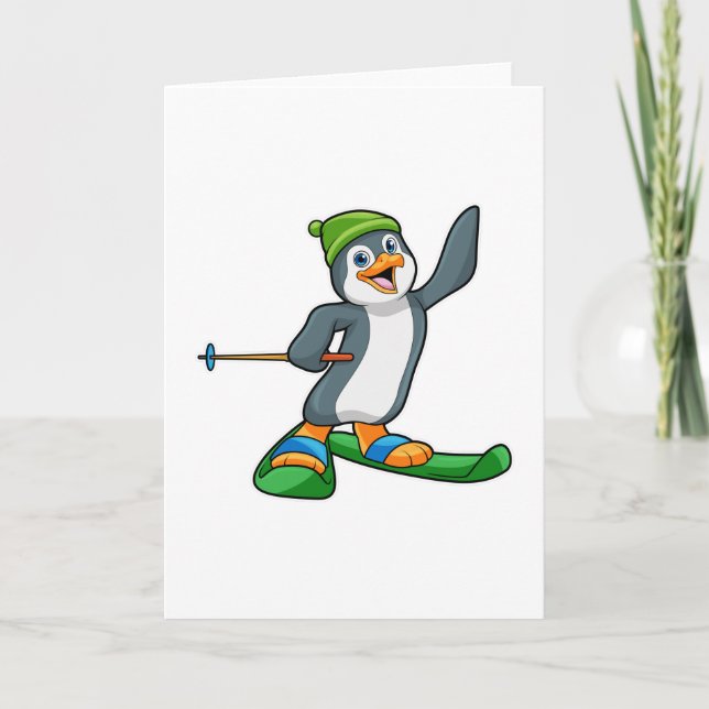 Carte Manchot en skieur avec ski et casquette (Devant)