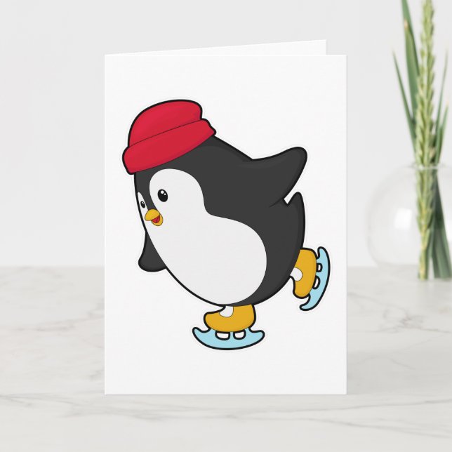Carte Manchot faisant du patin à glace avec un chapeau (Devant)