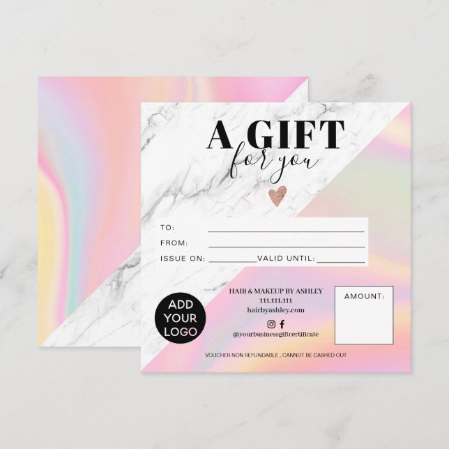 Carte Marbre arc-en-ciel carré certificat cadeau logo (Devant / Derrière)
