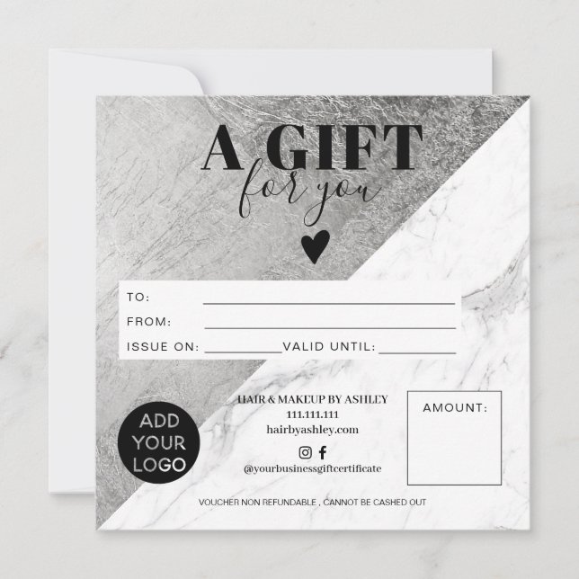 Carte Marbre argent bloc carré certificat cadeau logo (Devant)