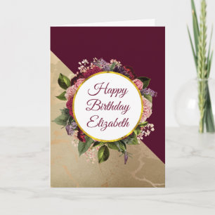 Carte Marbre d'or Motif et Floral Bourgogne Anniversaire