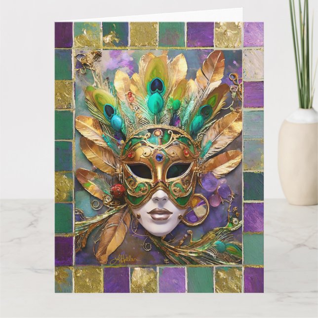 Carte Mardi Gras Gold et vert Peacock Feature Masque (Devant)
