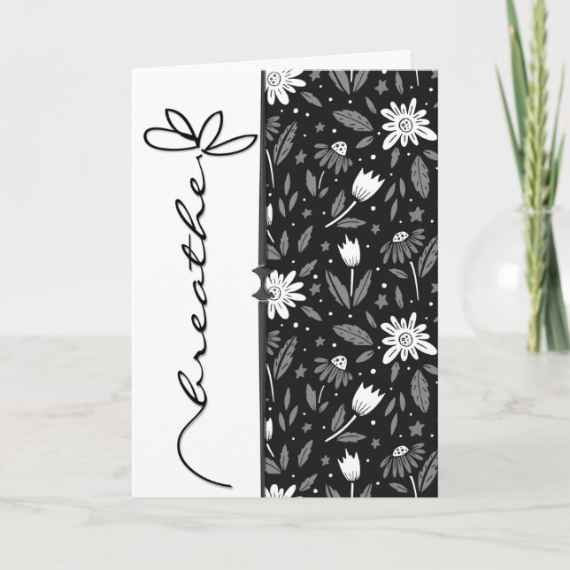 Carte marguerite noire avec mot respirer (Devant)