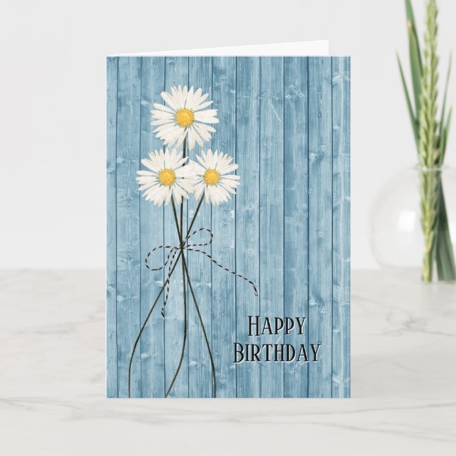 Carte Marguerites D'Anniversaire Sur Bois Bleu (Devant)