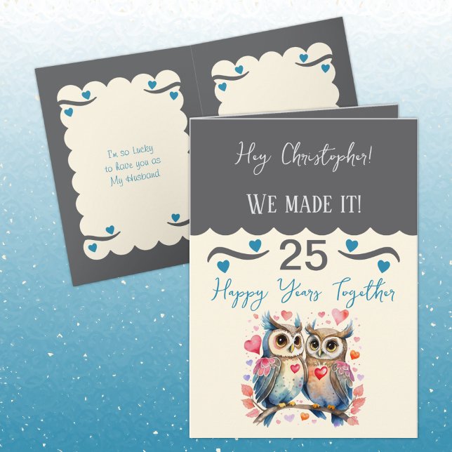 Carte Mari 25e anniversaire hibou gris bleu (Créateur téléchargé)
