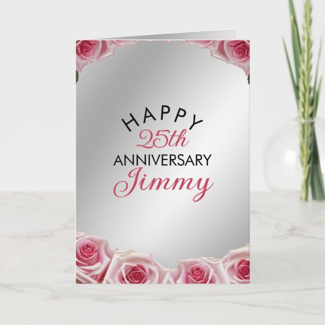 Carte Mari moderne Argent rose Roses 25e anniversaire (Devant)