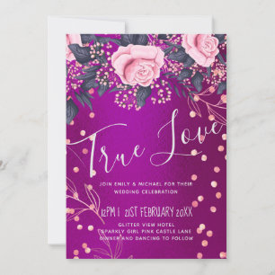 Carte Mariage à petit budget look métallisé floral rose 